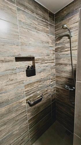 a bathroom with a shower and a tile wall at Wincarayen Lodge & Cabañas in Panguipulli