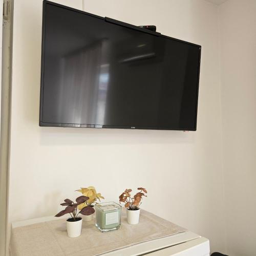a flat screen tv hanging on a wall with two plants at ONLY 4 YOU apartment in Niš