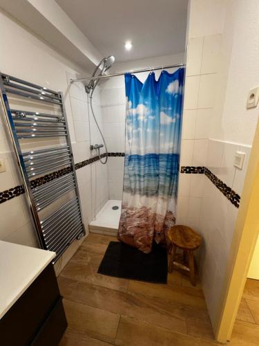 une salle de bain avec une douche avec un rideau de douche dans l'établissement Pure Marina - Résidence Marina Plage, à Leucate