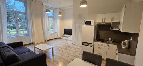 a living room with a couch and a kitchen at MVA House Teplice, Šanovský park in Teplice