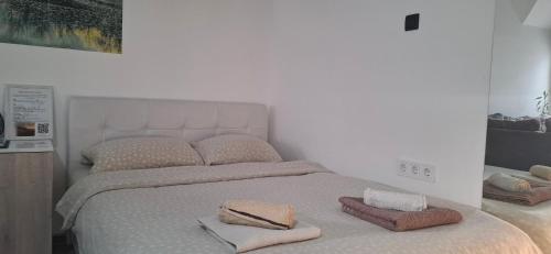 a bedroom with a bed with towels on it at APARTMENTS IVANOViC CENTER CITY in Bajina Bašta