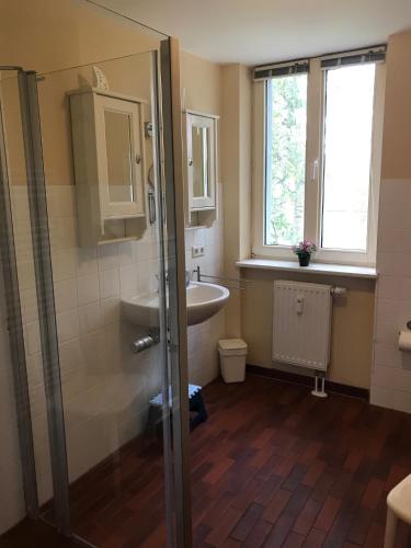 a bathroom with a sink and a toilet and a shower at Ferienwohnung Möövnest in Prerow
