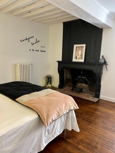 - une chambre avec un lit et une cheminée dans l'établissement Suite Clos Ahimsa, à Volnay