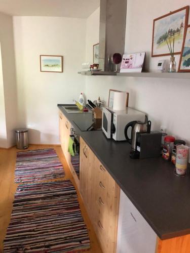 a kitchen with a counter top with a microwave at Klidné ubytování v Orlických horách in Orličky