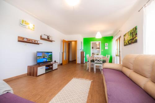 a living room with a couch and a tv and a table at KIŽIN House, Cozy apartments by Istrian Embrace in Brezovica pri Gradinu