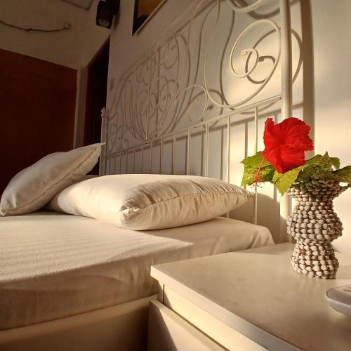two beds with a vase with a red flower on a table at La-Vira Beach Villa in Hikkaduwa