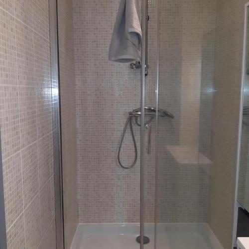 une douche avec une porte vitrée dans une salle de bain dans l'établissement Nantes Erdre, Île de Versailles, à Nantes