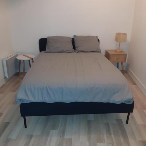 Ce lit se trouve dans une chambre dotée de parquet. dans l'établissement Nantes Erdre, Île de Versailles, à Nantes