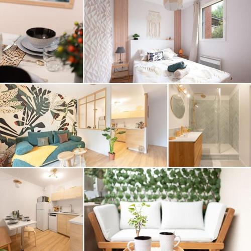 un collage de photos d'une chambre et d'un salon dans l'établissement Le Tropical Bali, Appt T2, proche métro et centre ville, à Toulouse