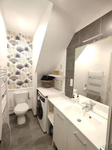 une salle de bain blanche avec des toilettes et un lavabo dans l'établissement Maison de ville La Beauhème, à Beaulieu-sur-Loire