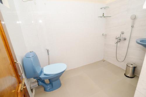 a bathroom with a blue toilet and a sink at Silvermist BnB in Shillong