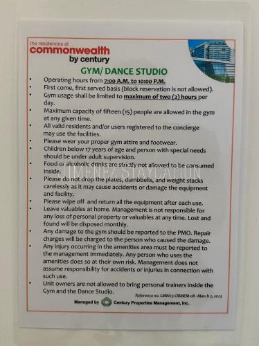 a sign for a gym dance studio at Jimenez Staycation Unit 406 Quirino west tower The Residence at Commonwealth by Century in Manila