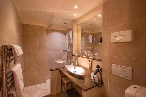 a bathroom with a sink and a shower at Les Jardins de Bakea in Biriatou