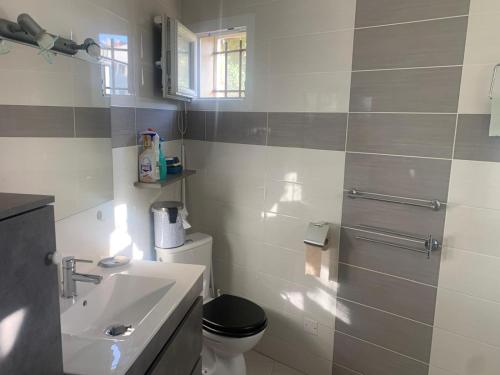 une salle de bain avec un lavabo et des toilettes et une fenêtre dans l'établissement Maison T2 Le cabanon Joli, à Istres