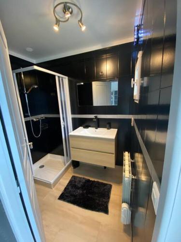une salle de bain avec un lavabo blanc et une douche dans l'établissement Appartement chaleureux avec terrasse en centre ville proche mer, à Saint-Nazaire