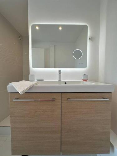 une salle de bain avec un lavabo et un miroir dans l'établissement Lumineux Duplex - Hyper Centre - Terrasse, à Reims