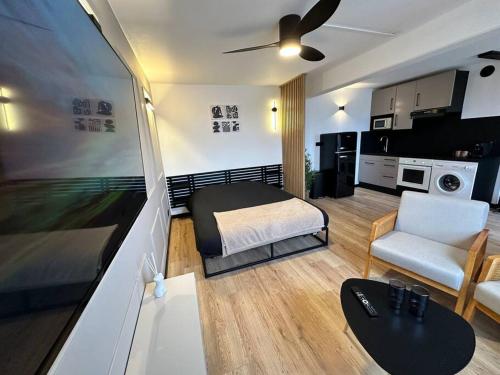 Cette petite chambre comprend un lit et une cuisine. dans l'établissement Charmant Studio Neuf, Hypercentre, Parking, Balcon, à Strasbourg