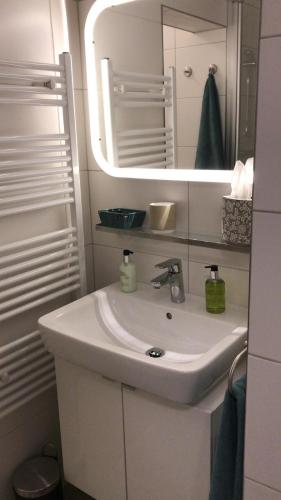 a bathroom with a white sink and a mirror at Kleine feine Wohnung Gmunden City in Gmunden