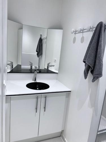 une salle de bain blanche avec un lavabo et un miroir dans l'établissement Le Rapp 6, Appartement de Standing 3 chambres, 7 personnes &1 bébé, Cosy et familial ultra équipé Emplacement Idéal proche Gare Centre ville Marchés de Noël Quartier Tribunal Contades, à Strasbourg
