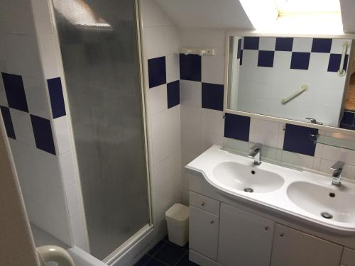 une salle de bain avec un lavabo et une douche dans l'établissement Gîte tout équipé au calme, à Saint-Amand-les-Eaux