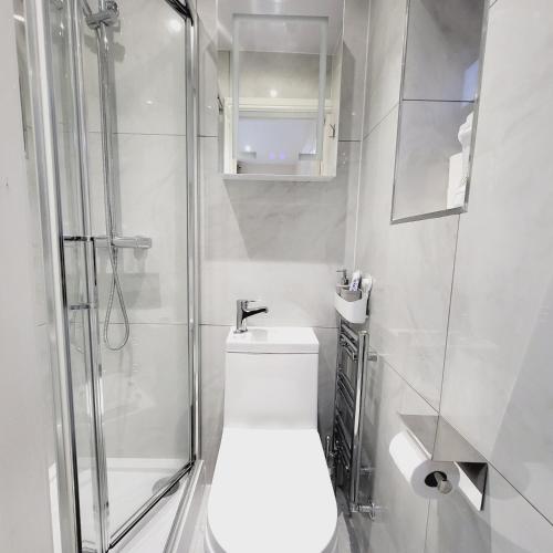 a white bathroom with a shower and a toilet at Modern En-Suite Garden View Room in Ashford