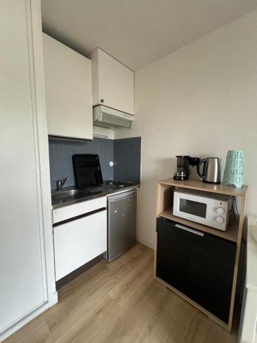 une petite cuisine avec un évier et un micro-ondes dans l'établissement Studio Stone Brooke, à La Grande Motte
