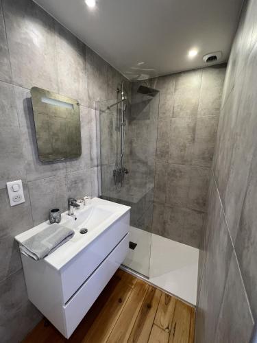 une salle de bain avec un lavabo blanc et une douche dans l'établissement Les balcons de la Bollène-Vésubie, à La Bollène-Vésubie