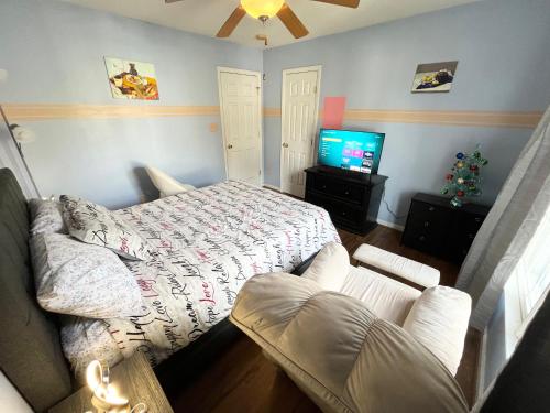 a living room with a bed and a television at Comfortable Rooms in A Single Family House in Chapel Hill near UNC Duke RTP in Chapel Hill
