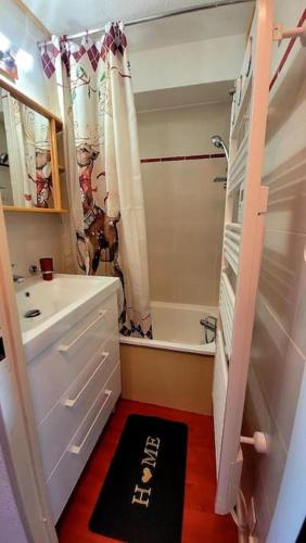 La petite salle de bains est pourvue d'une douche et d'un lavabo. dans l'établissement Appartement au ski avec vue, à Narreyroux