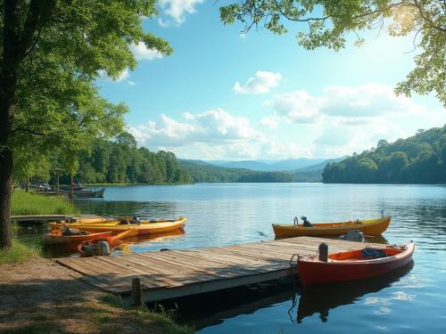 a group of boats parked at a dock on a lake at UROCZYSKO-POLAŃCZYK Prywatne Jacuzzi i Sauna w cenie !!! in Polańczyk