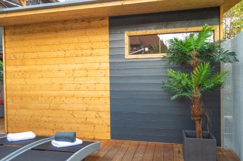 a house with a blue wall and a palm tree at Designerwohnung nahe der Wasserfälle in Triberg