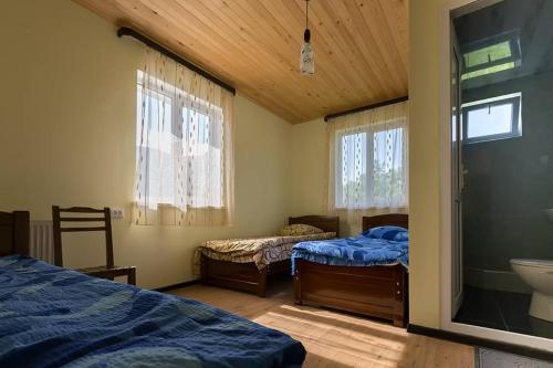 a bedroom with two beds and a sink in it at Hotel Nini in Stepantsminda