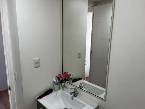 a bathroom with a sink and a large mirror at Lomas Papudo 4 in Papudo