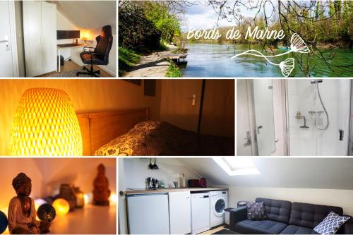 un collage di immagini di un soggiorno e di una camera da letto di Appartement 2 pièces "Le Cocon Urbain" - Rénové et Cosy - Proche Paris & Disneyland a Neuilly-Plaisance