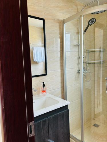 a bathroom with a sink and a shower at Confort au centre ville in Libreville