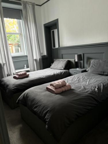 a bedroom with two beds and a window at Our Wee Eden - Rothesay in Rothesay