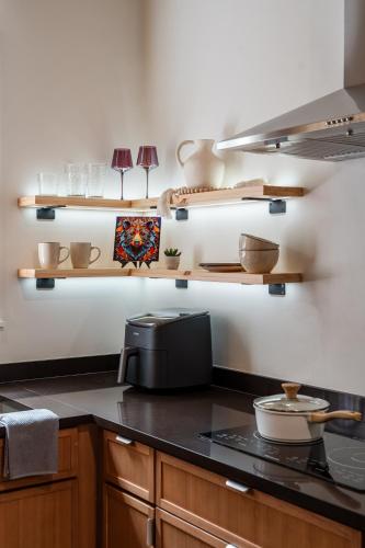 a kitchen with wooden cabinets and shelves on the wall at Pulaski Point Properties in Chicago