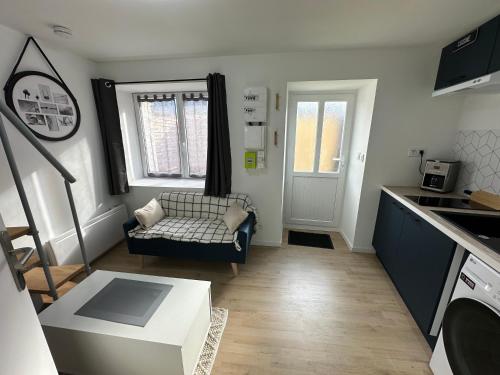 un salon avec un canapé et une cuisine dans l'établissement Belle Maison de ville neuve, à Angers