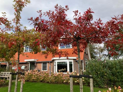 a house with a red tree in front of it at Bed & Breakfast Hoeve Happiness - ontbijt inbegrepen - wellness aanwezig in Voorthuizen