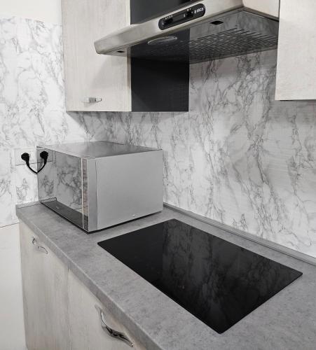 a kitchen with a counter top with a microwave at Monnalisa House - Imola Centro Storico - Appartamento Indipendente in Imola