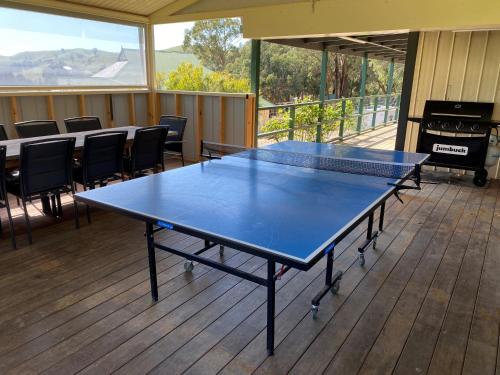 a blue ping pong table in a room with chairs at The Village Green Estate in Strath Creek