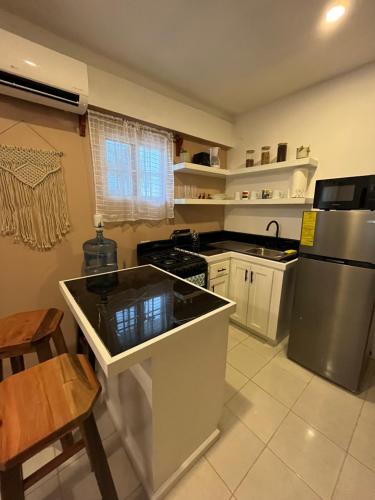 a kitchen with a sink and a refrigerator at Casa De Shangrila in Belize City