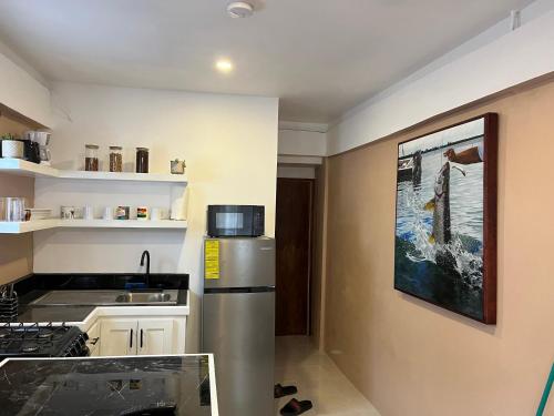 a kitchen with a stainless steel refrigerator and a sink at Casa De Shangrila in Belize City