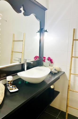 a bathroom with a large white bowl sink on a counter at Vue Exclusive Mer et Volcan, Village Vacances avec Plage et Piscine, Les Gwadastudios in Sainte-Anne