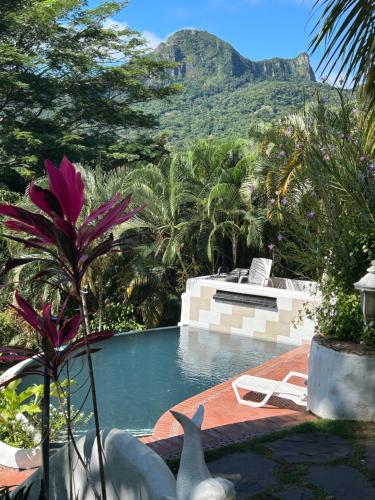 a swimming pool with a view of a mountain at Villa La Fortuna Altos del Maria in Filipina