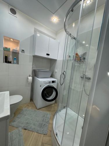 a bathroom with a shower and a washing machine at Apartment 55 I Cental Hof I WiFi I TV in Hof