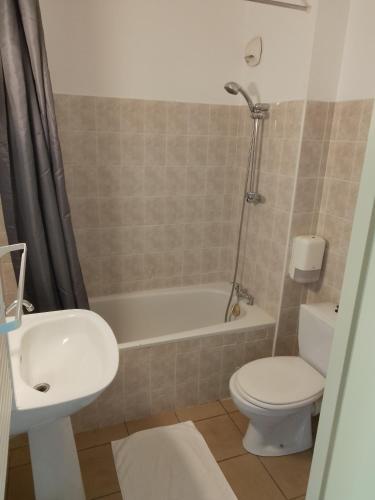 een badkamer met een wastafel, een toilet en een ligbad bij Chez Yves , 200 m du canal , 7 min de Golfech , parking privé et gratuit , rangement vélo fermés in Pommevic