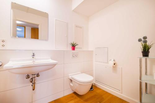 a white bathroom with a sink and a toilet at Altstadtwohnung "Klein Venedig" in Freiburg im Breisgau