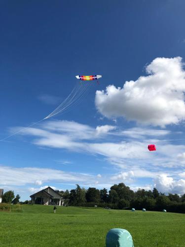 two kites flying in the sky in a field at Mein-Ostseeplätzchen Haus am Meer 6 in Niesgrau
