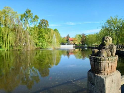 a statue in front of a pond in a park at Ferienwohnungen Seewald in Teterow